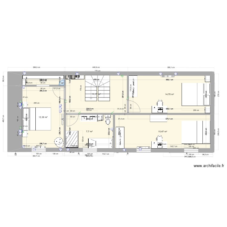 MAISON B ETAGE escalier centrale. Plan de 6 pièces et 63 m2