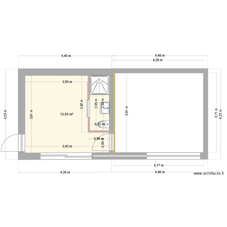 Dépendance. Plan de 1 pièce et 14 m2