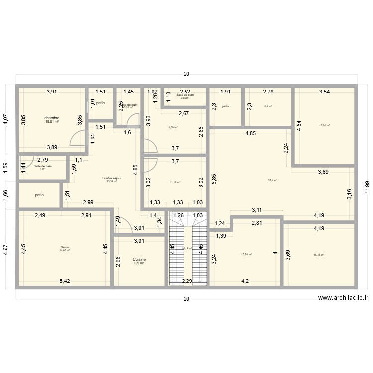 rdc. Plan de 18 pièces et 216 m2