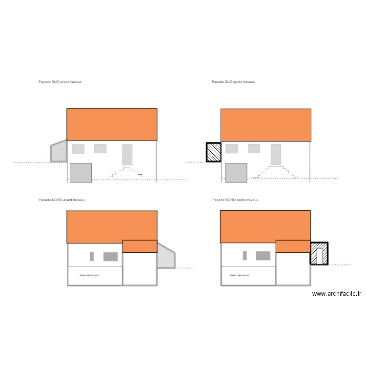 Façade Sud . Plan de 4 pièces et 5 m2