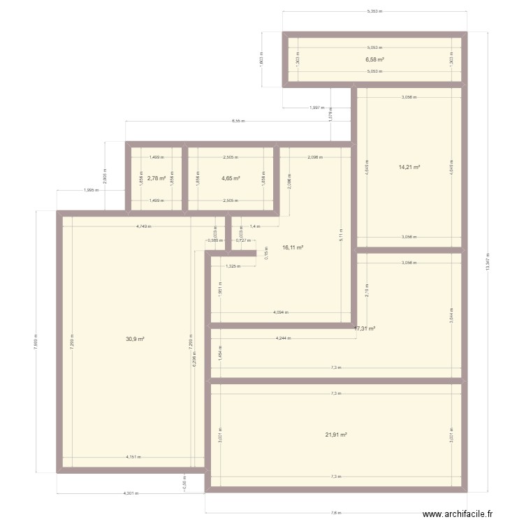 dupex 7 P modif. Plan de 8 pièces et 114 m2