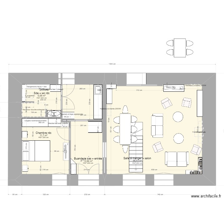 Réaménagement rdc. Plan de 4 pièces et 69 m2