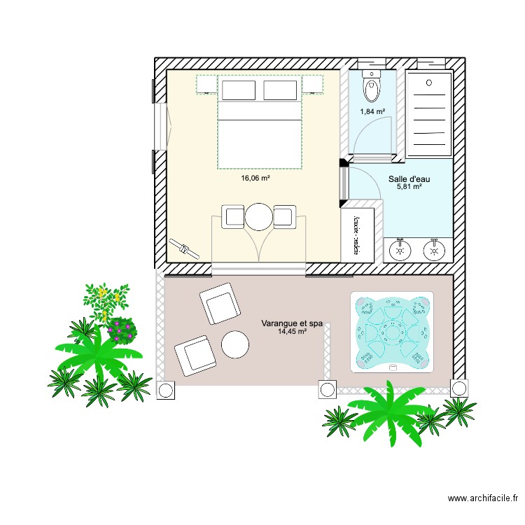 Bungalow 2 places Vavangue. Plan de 4 pièces et 38 m2