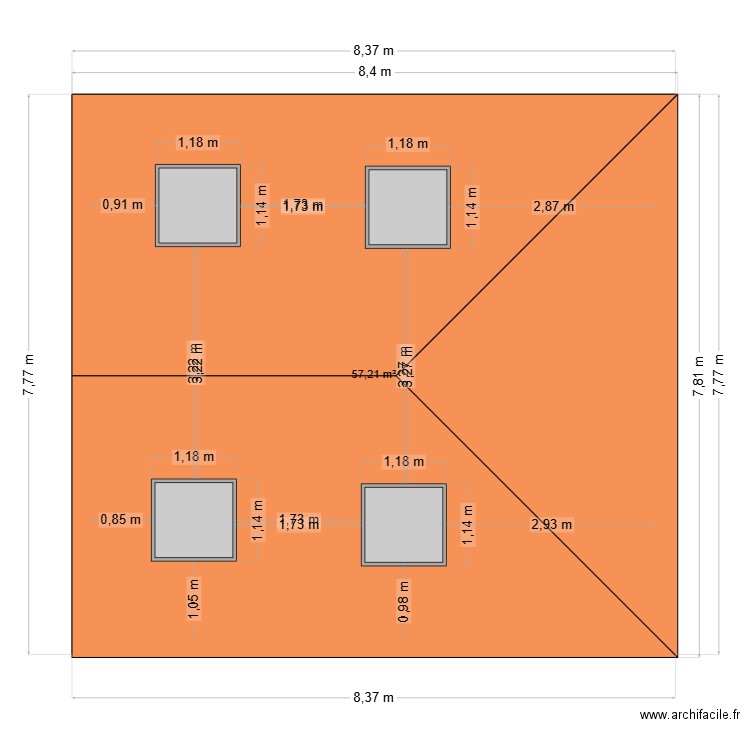 Plan toiture. Plan de 1 pièce et 57 m2