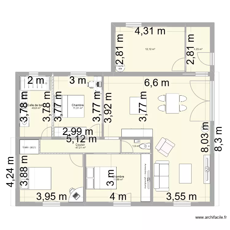 maison. Plan de 7 pièces et 53 m²