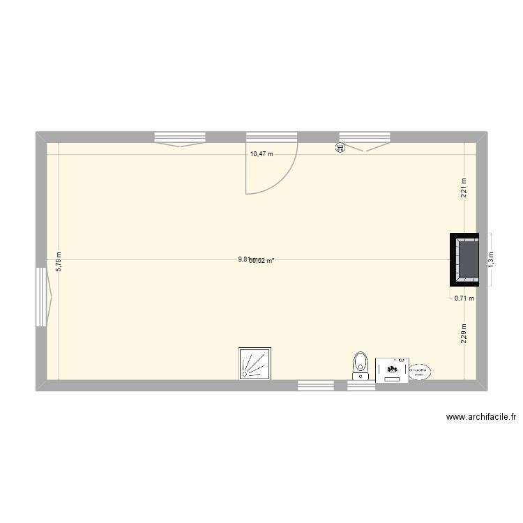 rdc. Plan de 1 pièce et 61 m2