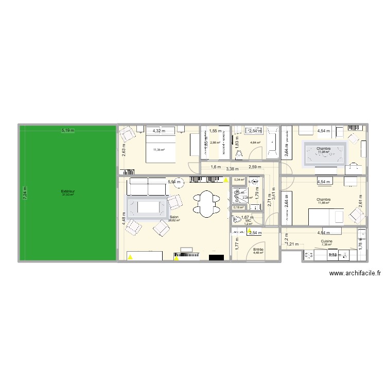 Plan Aguesseau avec cotes mesurées et aménagement + dressing + aménagements V5. Plan de 14 pièces et 128 m2