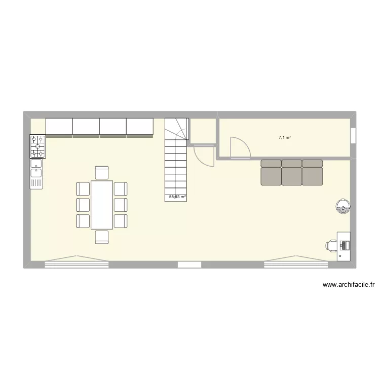 RDC nouveau. Plan de 2 Pièces et 63 m²