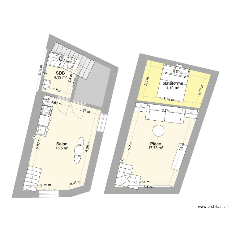 RDC-meublé. Plan de 5 pièces et 54 m2