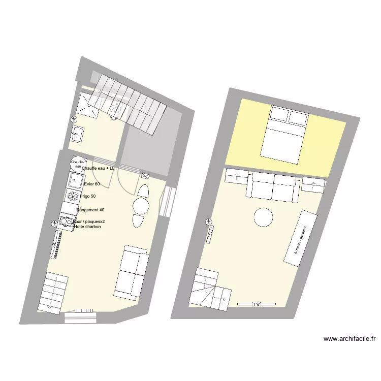 RDC-meubl&eacute;. Plan de 5  et 54 m²