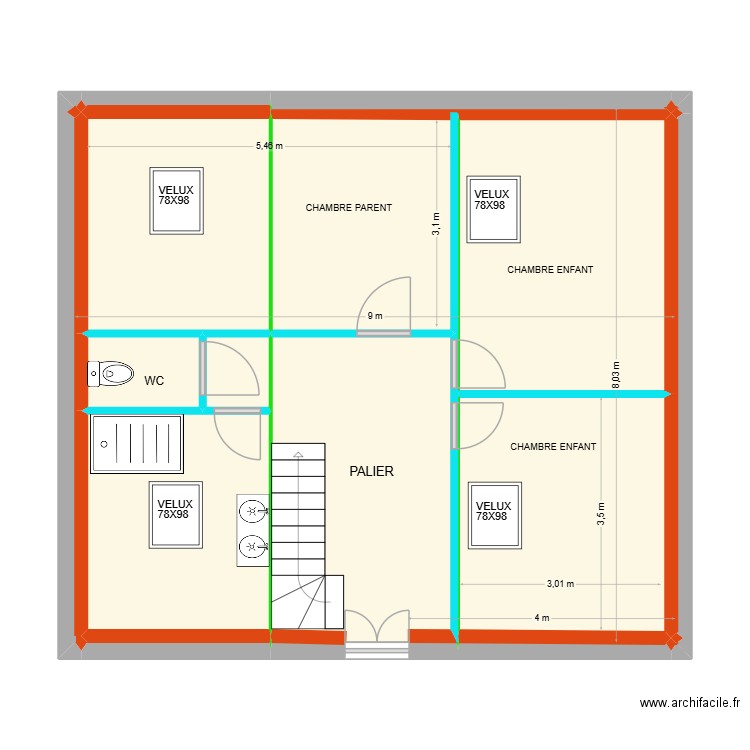 inge etage. Plan de 16 pièces et 65 m2