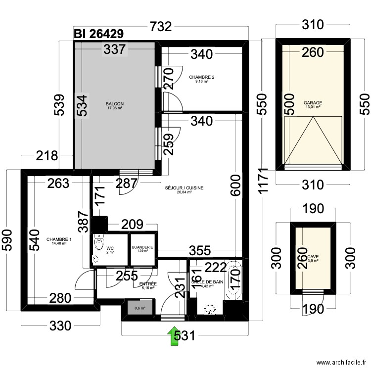 BI 26429. Plan de 14 pièces et 101 m2