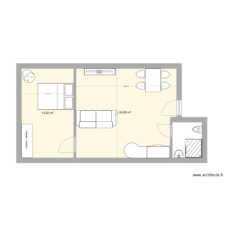 MOULIN. Plan de 2 pièces et 37 m2