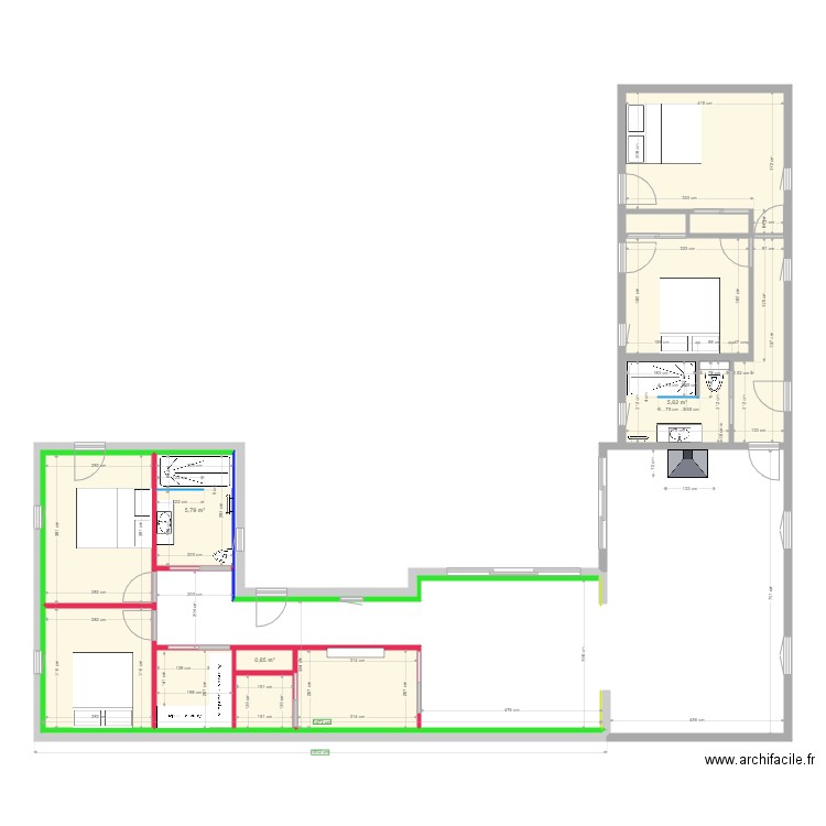 Côté  réel meublé. Plan de 13 pièces et 75 m2