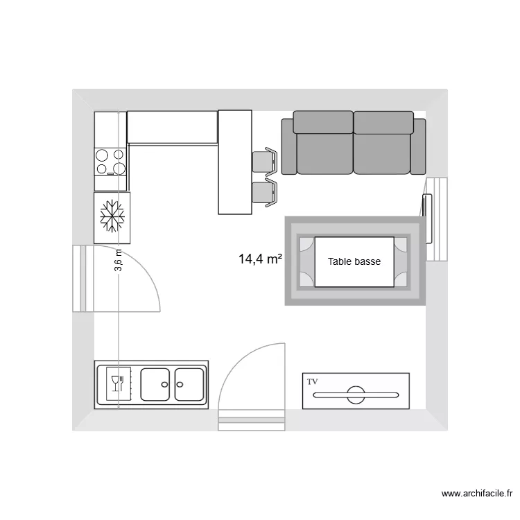 cuisine. Plan de 1  et 14 m²