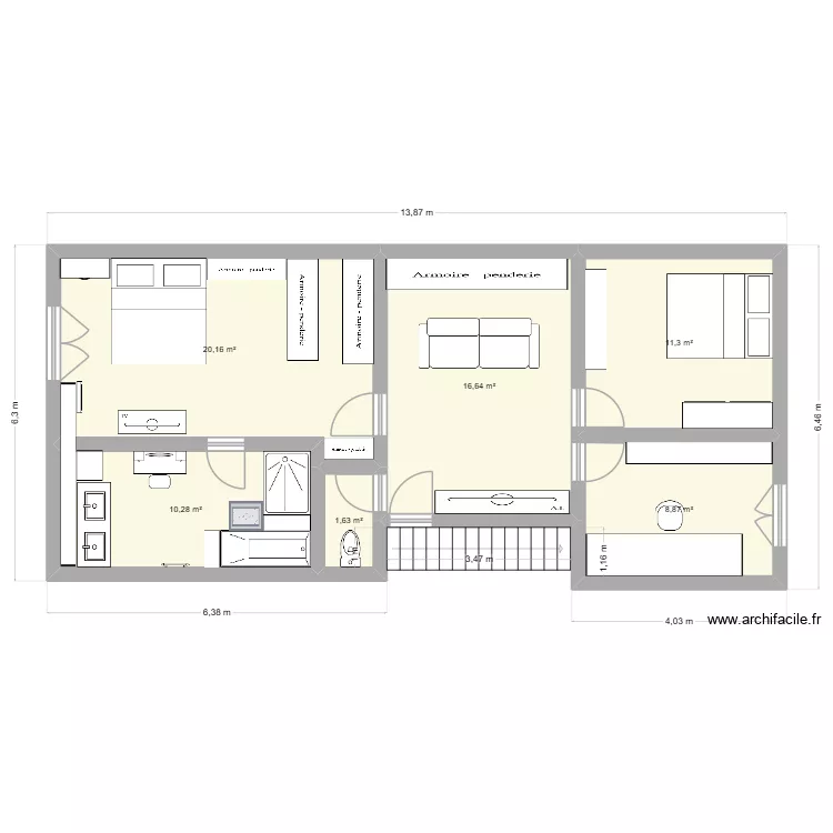chambre v1. Plan de 6  et 69 m²