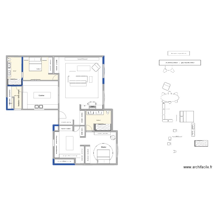 option 2 chambres. Plan de 6 pièces et 42 m2