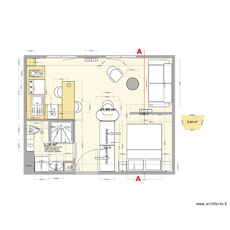 SDB Studio 7 PND V3. Plan de 4 pièces et 25 m2