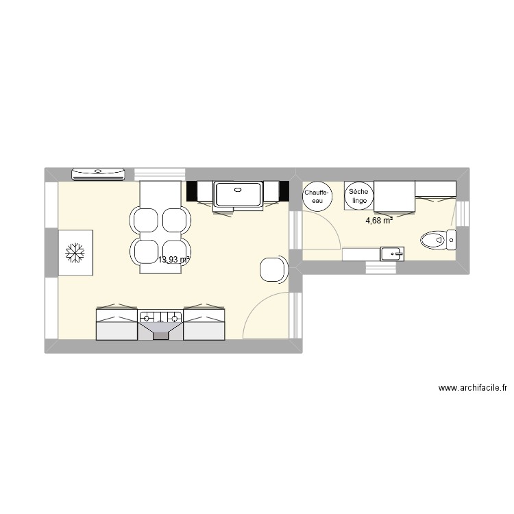 MAILLANE RDC CUISINE BUANDERIE. Plan de 2 pièces et 19 m2