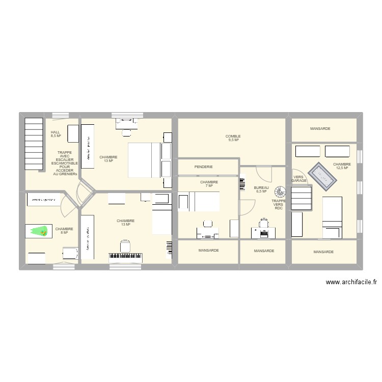 ETAGE BOIS DU BUIS. Plan de 13 pièces et 92 m2