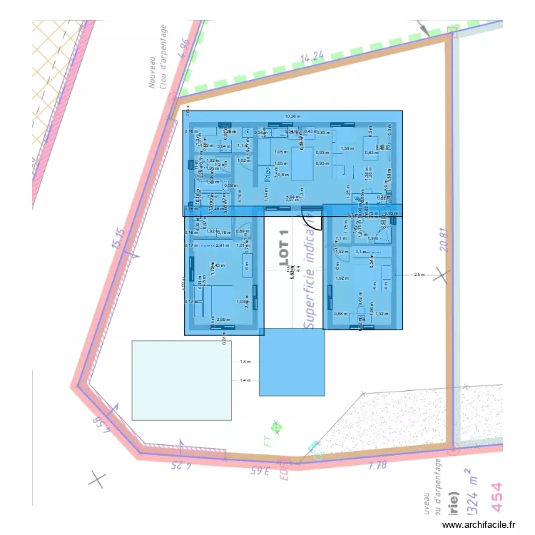 Plan 3 avec toiture. Plan de 2  et 74 m²