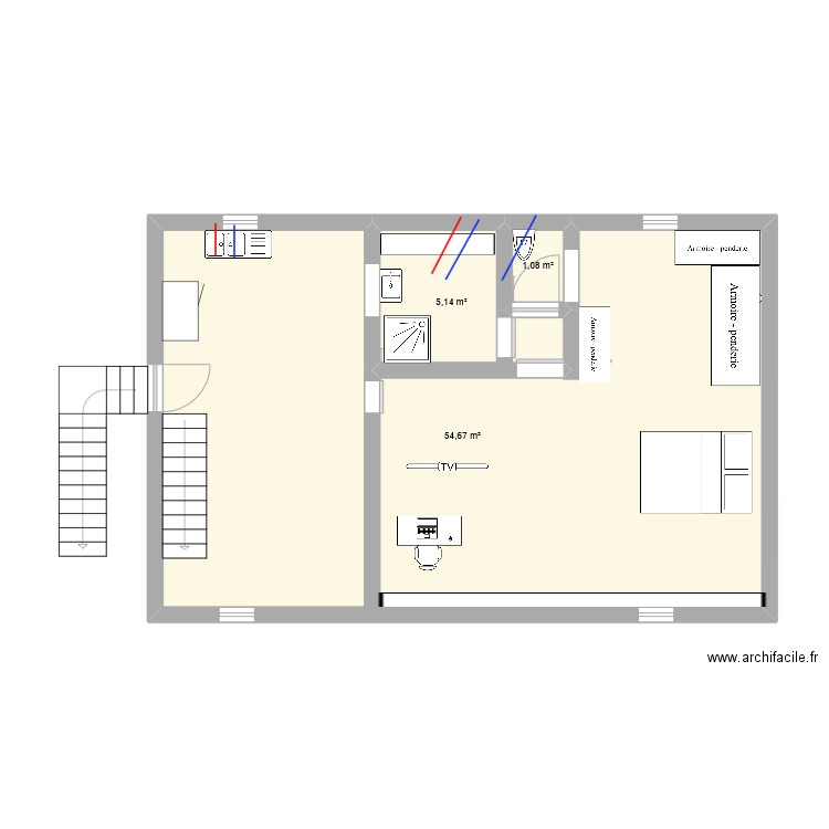 comble. Plan de 3 pièces et 61 m2
