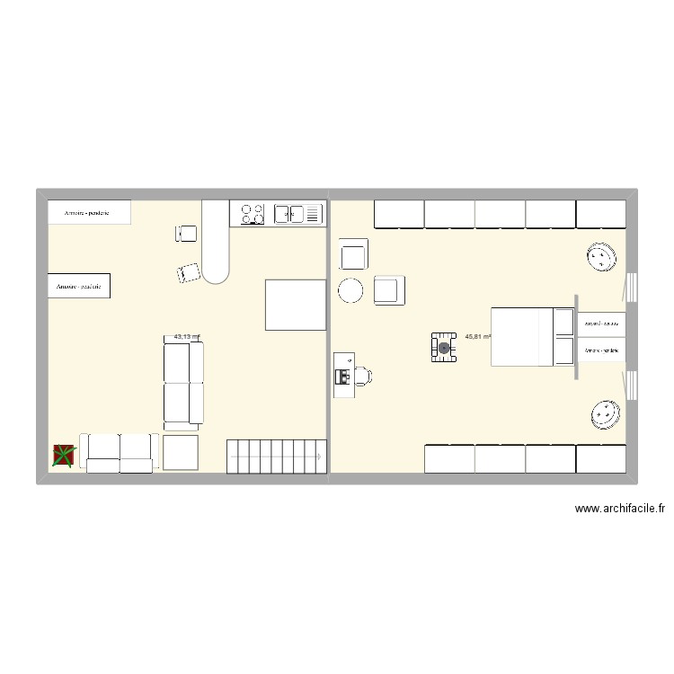 Guern R+1. Plan de 2 pièces et 89 m2