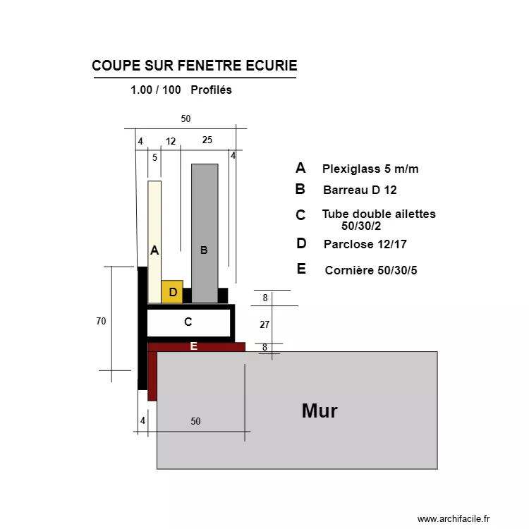 Coupe fenetre ecurie. Plan de 