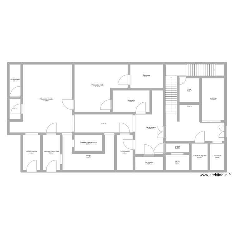 Plan de cuisine restauration collective. Plan de 21 pièces et 289 m2