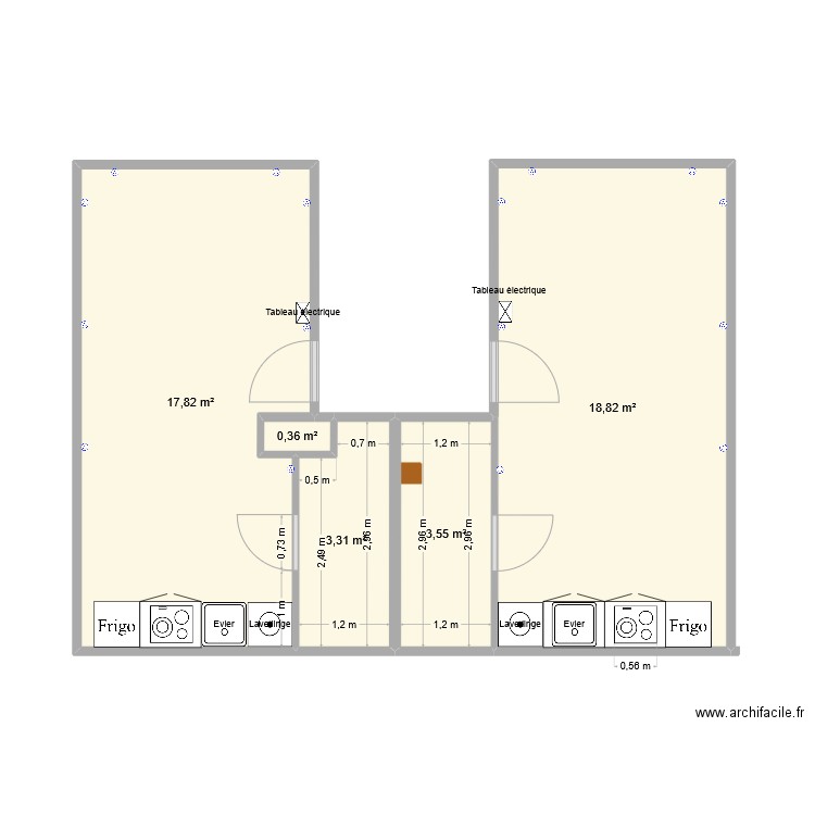 studios. Plan de 5 pièces et 44 m2