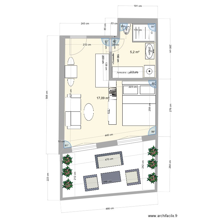 Visc3. Plan de 2 pièces et 22 m2