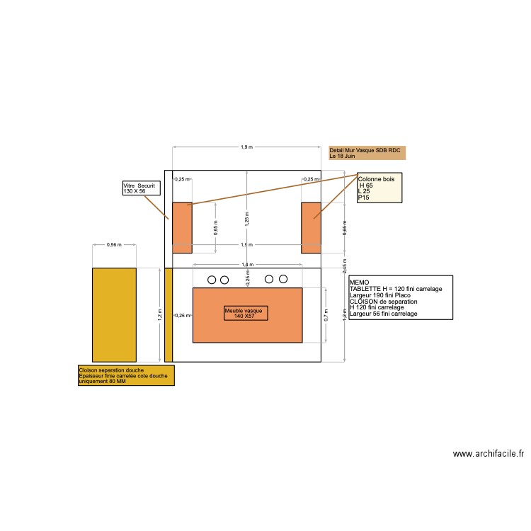 Detail mur vasque SDB RDC. Plan de 0 pièce et 0 m2