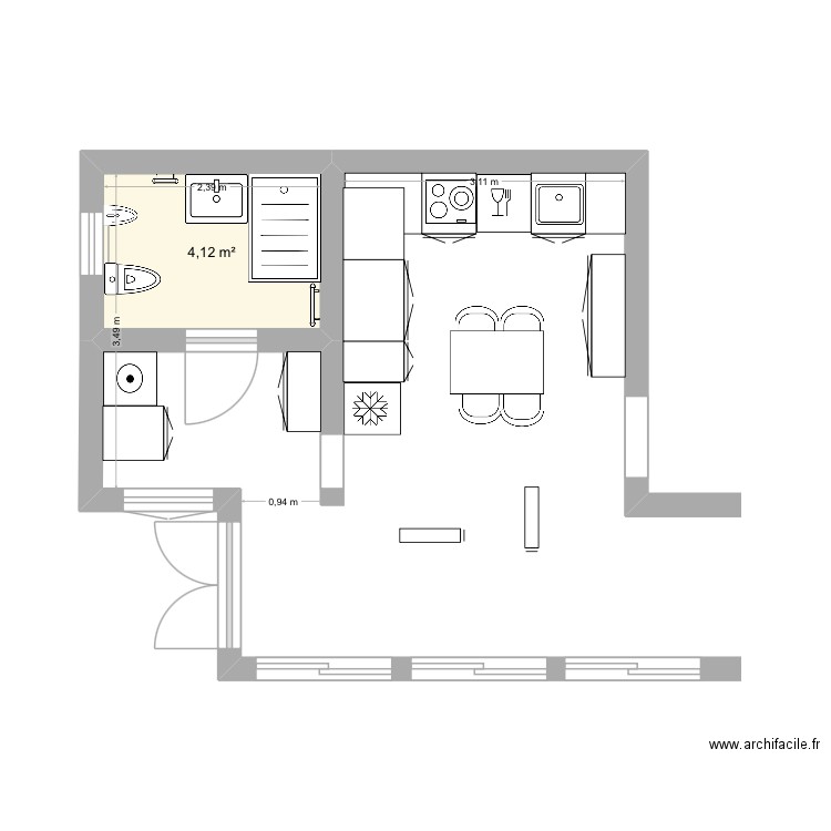 Cuisine+Arrière+SDD. Plan de 1 pièce et 4 m2