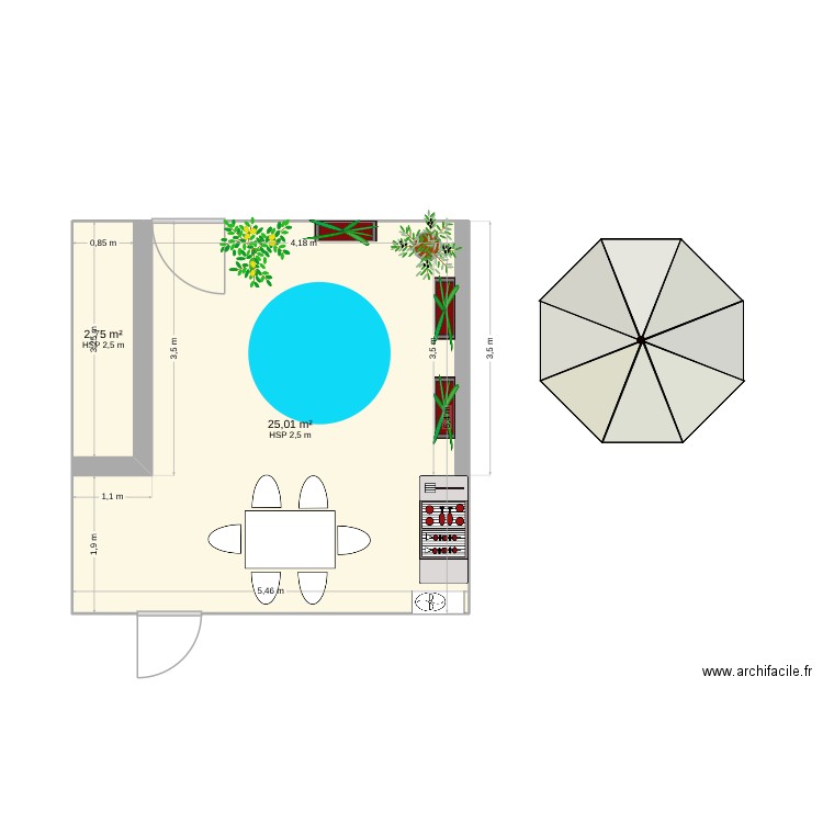 exterieur. Plan de 2 pièces et 28 m2