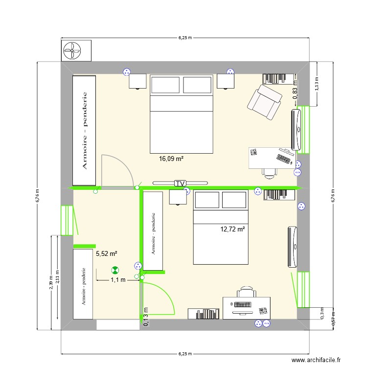 PlanChambresP&C+Lucas_AvecMeubles. Plan de 3 pièces et 34 m2