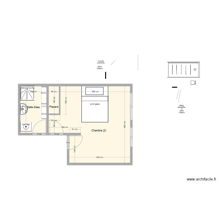 RESPAUD SDB existant. Plan de 3 pièces et 19 m2