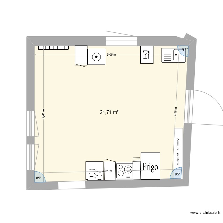 2026 cuisine BRG. Plan de 1 pièce et 22 m2