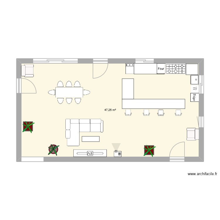 espace de vie 2. Plan de 1 pièce et 47 m2