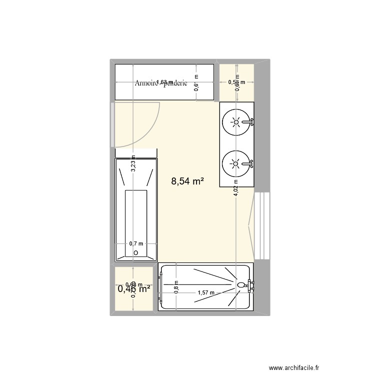 SDB CHABROL. Plan de 2 pièces et 9 m2