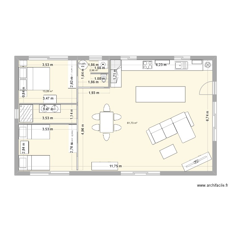gite 3. Plan de 3 pièces et 78 m2