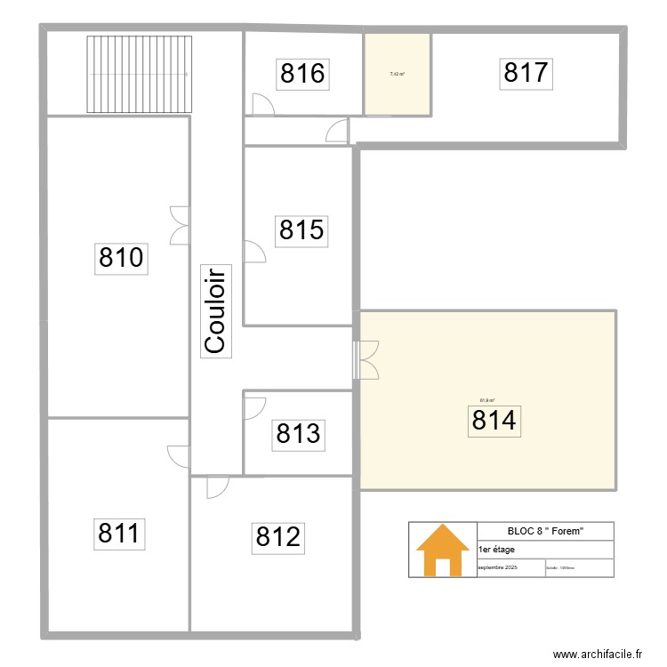 forem bloc 8 1er étage. Plan de 2 pièces et 69 m2