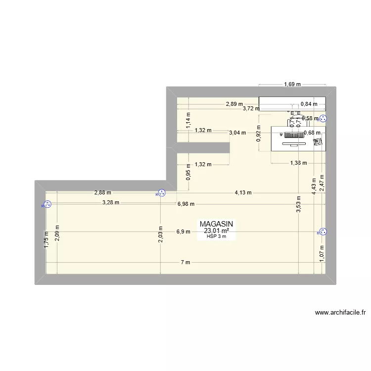 magasin. Plan de 1 pièce et 23 m²