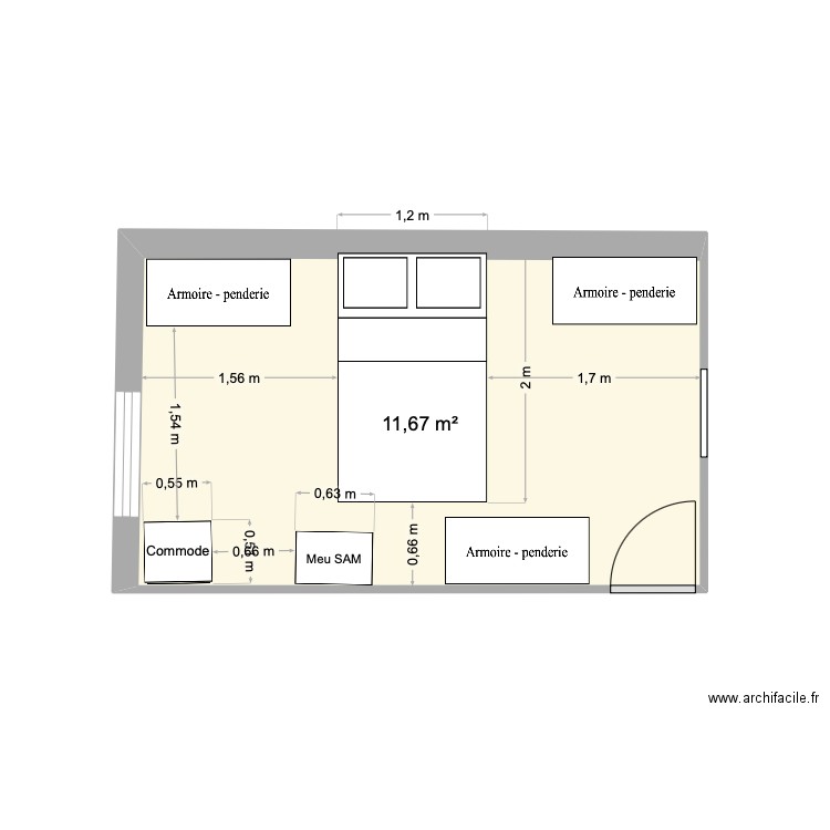 Chambre chris troisième essai. Plan de 1 pièce et 12 m2