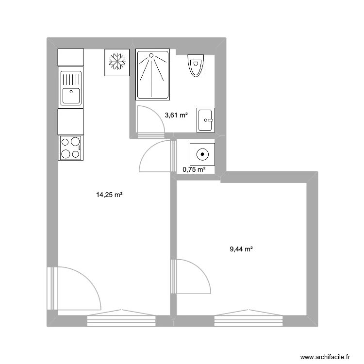 Appart. 3. Plan de 4 pièces et 28 m²