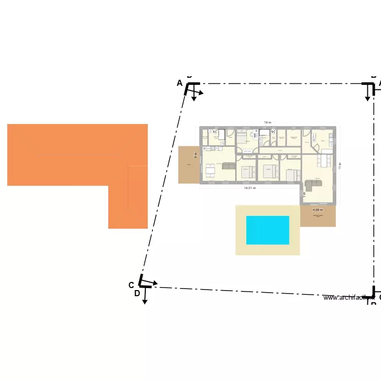 Plan maison en L 26 08 26. Plan de 19  et 140 m²