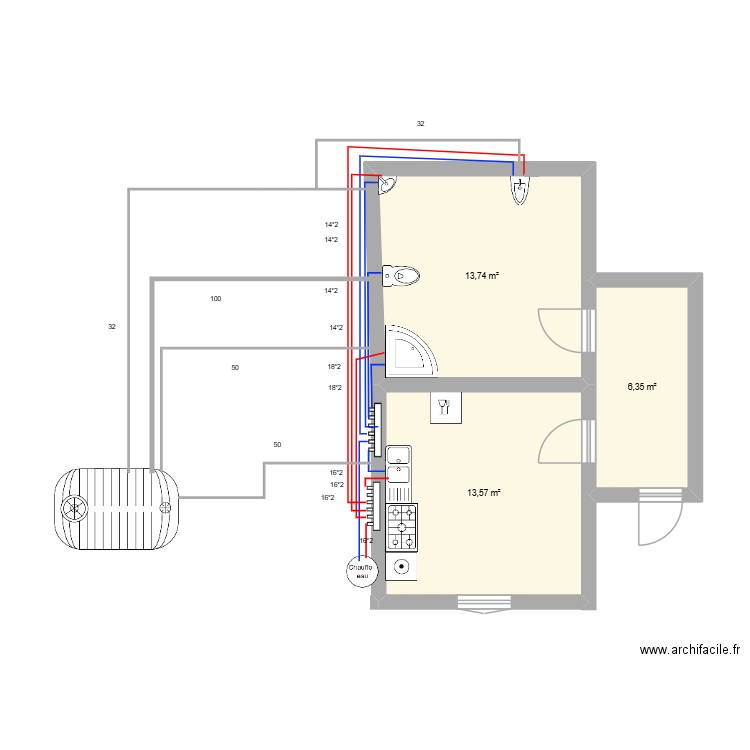 king. Plan de 3 pièces et 34 m2
