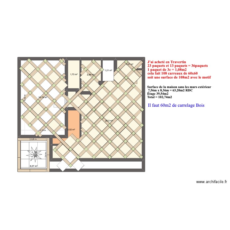 Carrelage RDC. Plan de 8 pièces et 61 m2