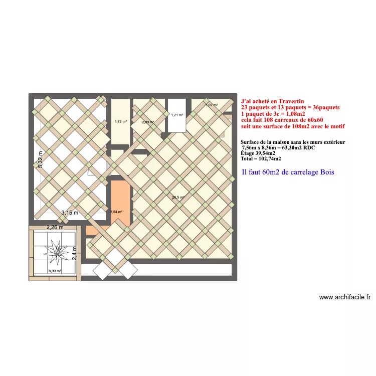 Carrelage RDC. Plan de 7  et 44 m²