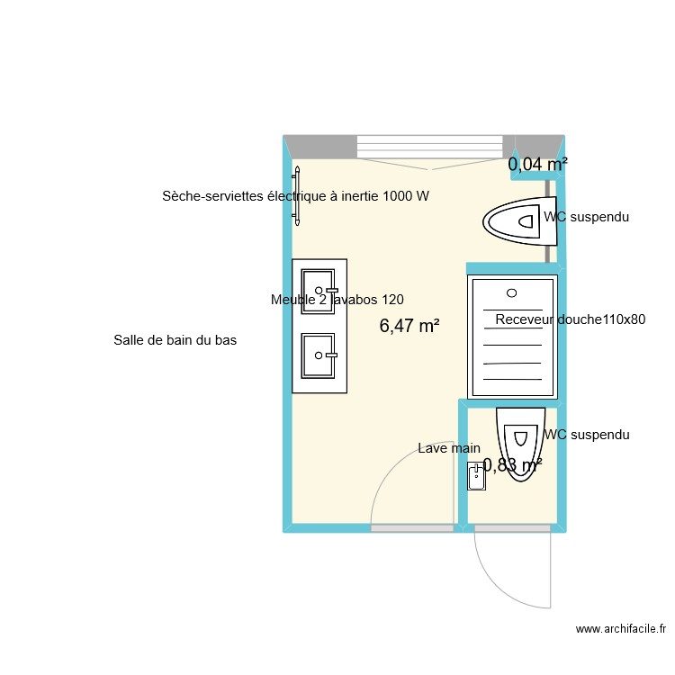 sdb hanz. Plan de 3 pièces et 7 m2