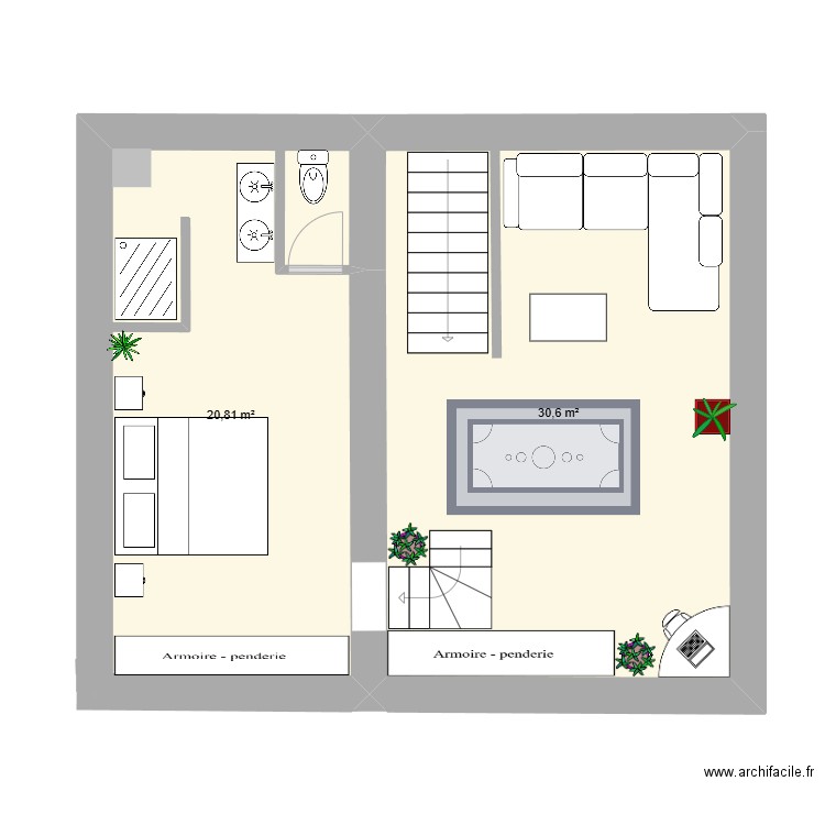 Rdc. Plan de 2 pièces et 51 m2